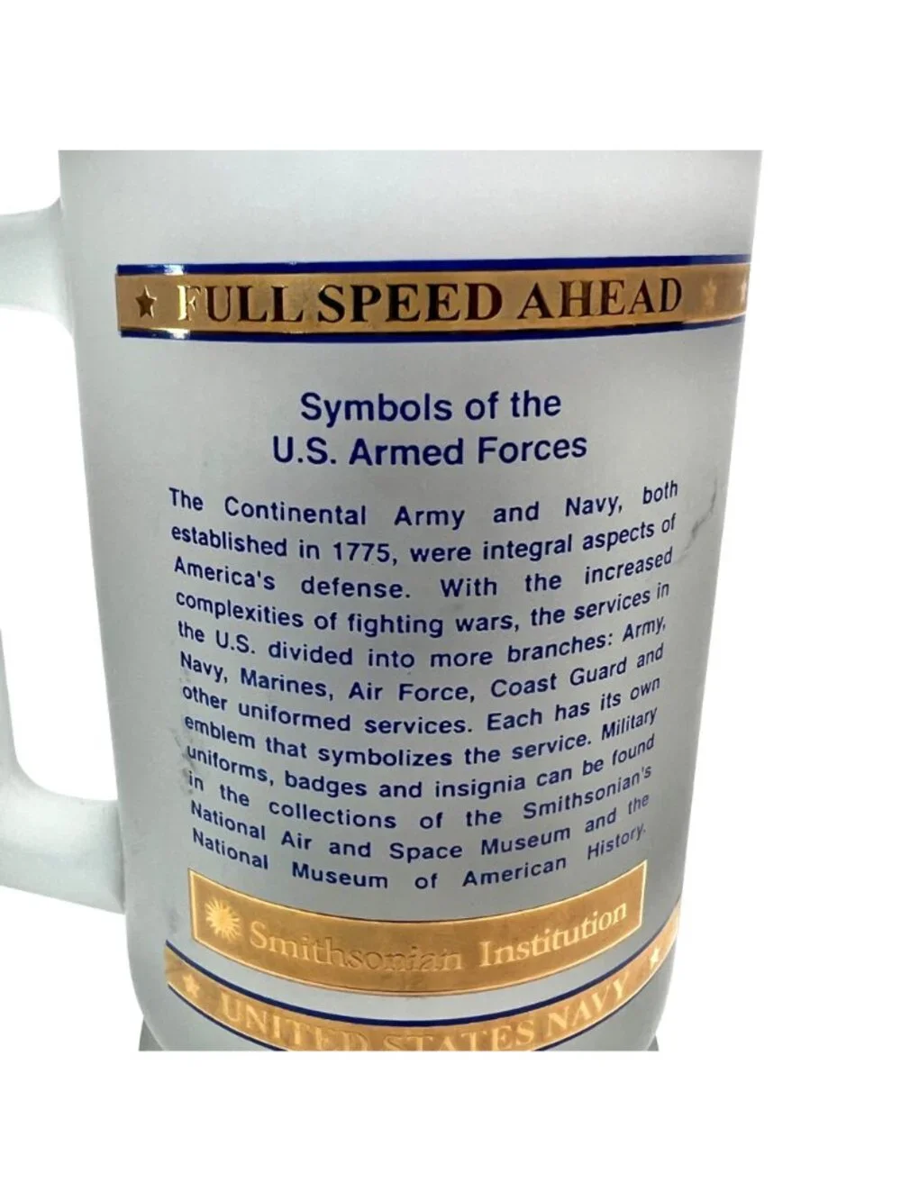 United States Navy Frosted Glass Beer Stein - Gold Eagle Medallion - 